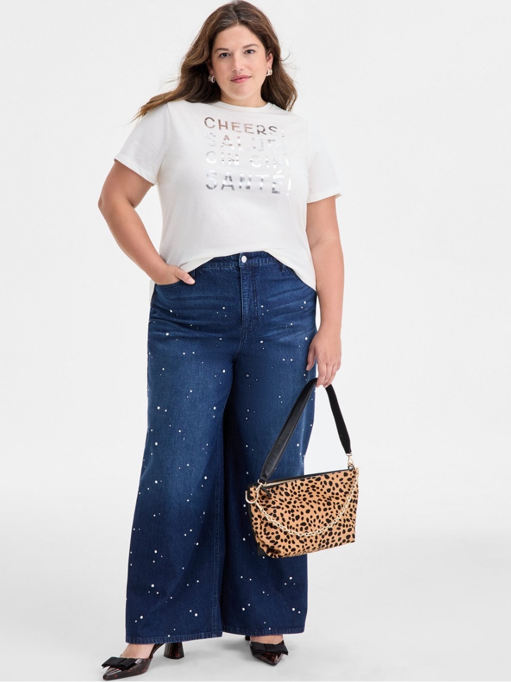Plus Size High Rise Wide-Leg Dark Embellished Denim Jeans Trendy